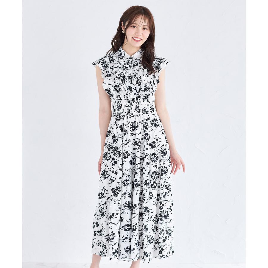 フリル付きアシメティアードウエストシャーリングモノトーンフラワー  