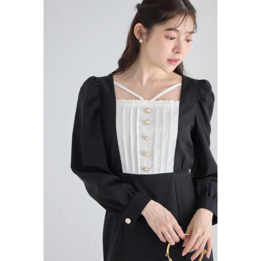 tocco closet パール飾り釦付きヨーク切り替え配色ワンピース