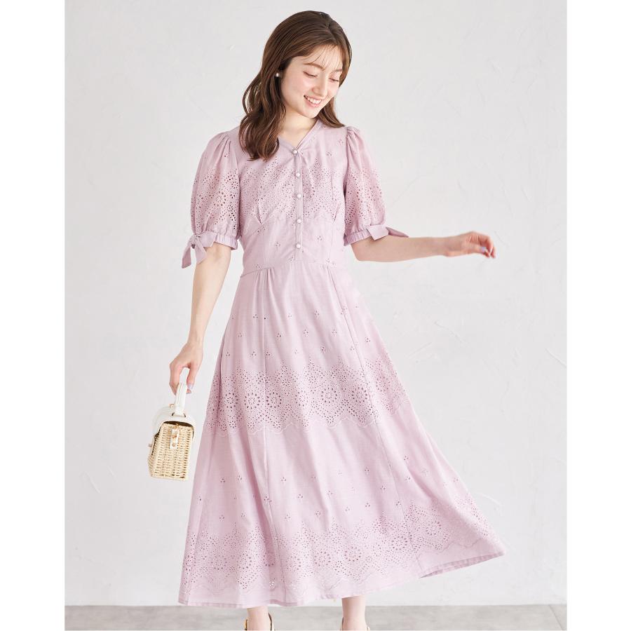 tocco closet 袖口リボン付きパール釦コットンレースワンピース  