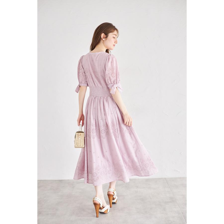 tocco closet 袖口リボン付きパール釦コットンレースワンピース 