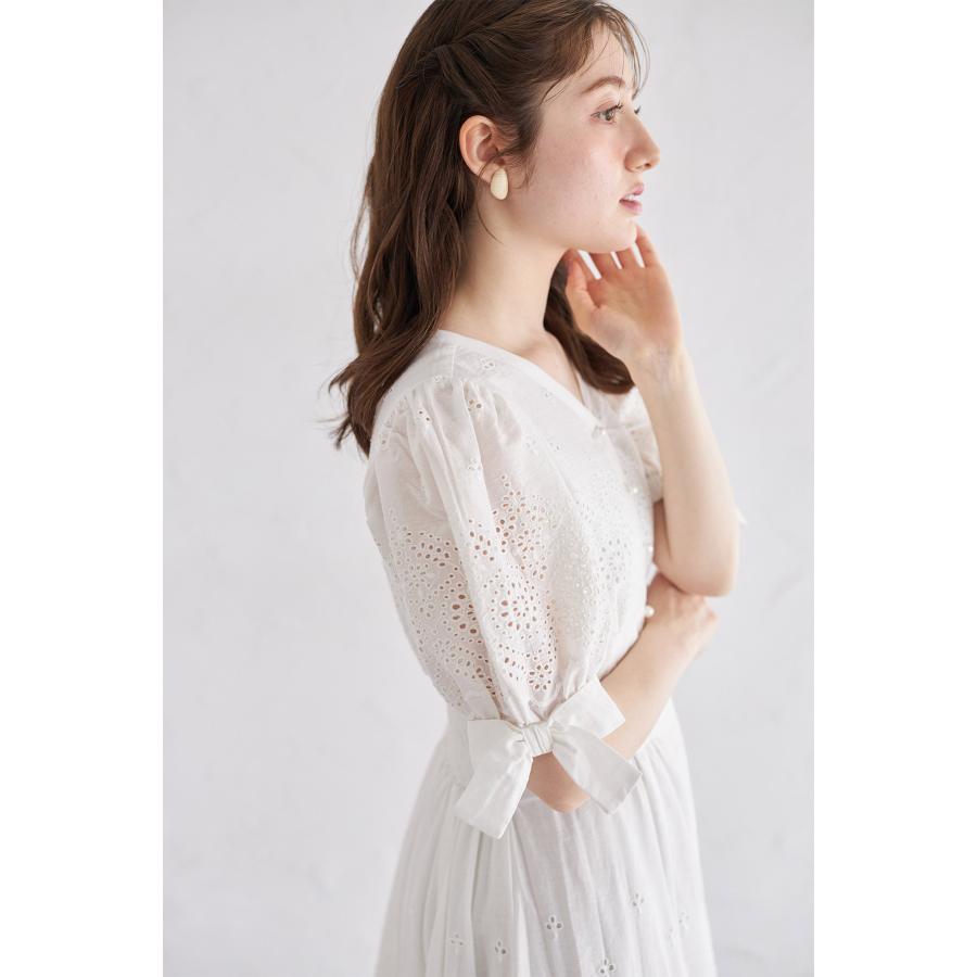 tocco closet 袖口リボン付きパール釦コットンレースワンピース  