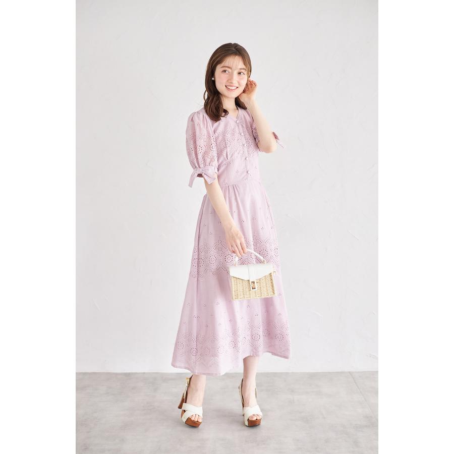 ワンピース RT-134899 袖口リボン付きパール釦コットンレースワンピース