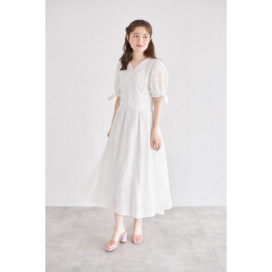 tocco closet 袖口リボン付きパール釦コットンレースワンピース  