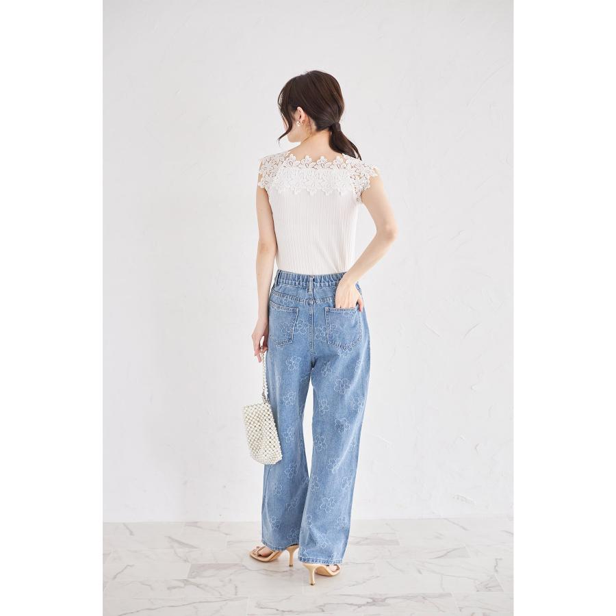 かふ様 フラワーレース装飾リブカットソープルオーバー