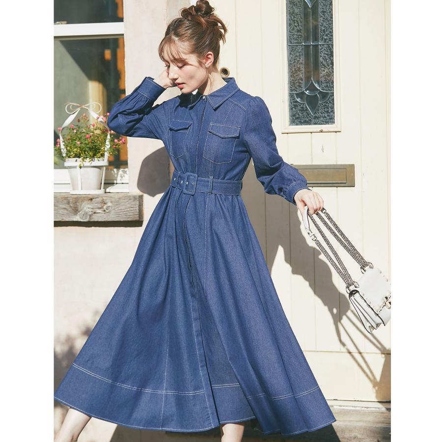 tocco closet ベルト付きビジュー釦ステッチ入りデニムシャツ