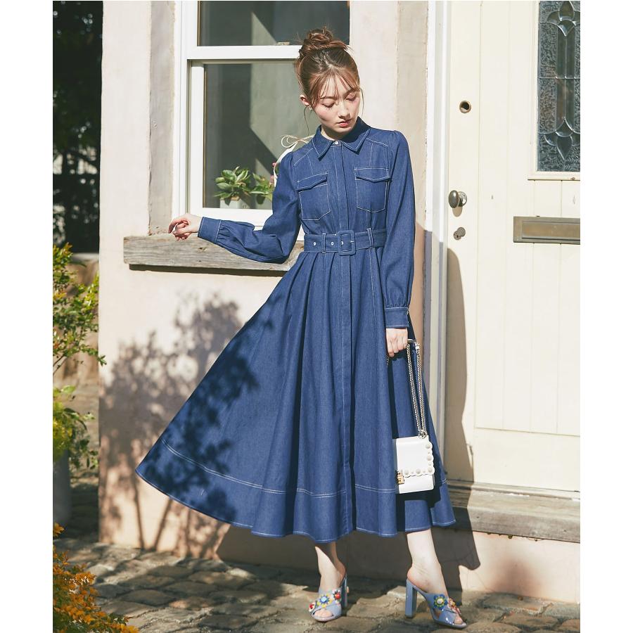 tocco closet ベルト付きビジュー釦ステッチ入りデニムシャツ