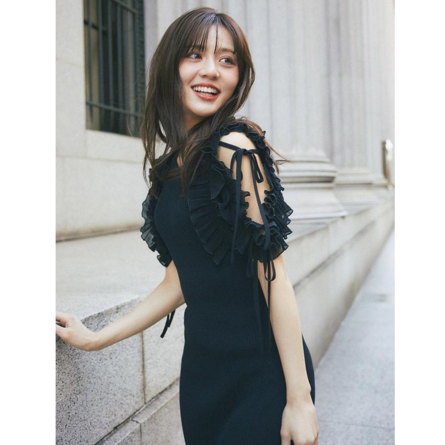 アイブルーム リボン付きシフォンプリーツフリル切り替えリブニットワンピース