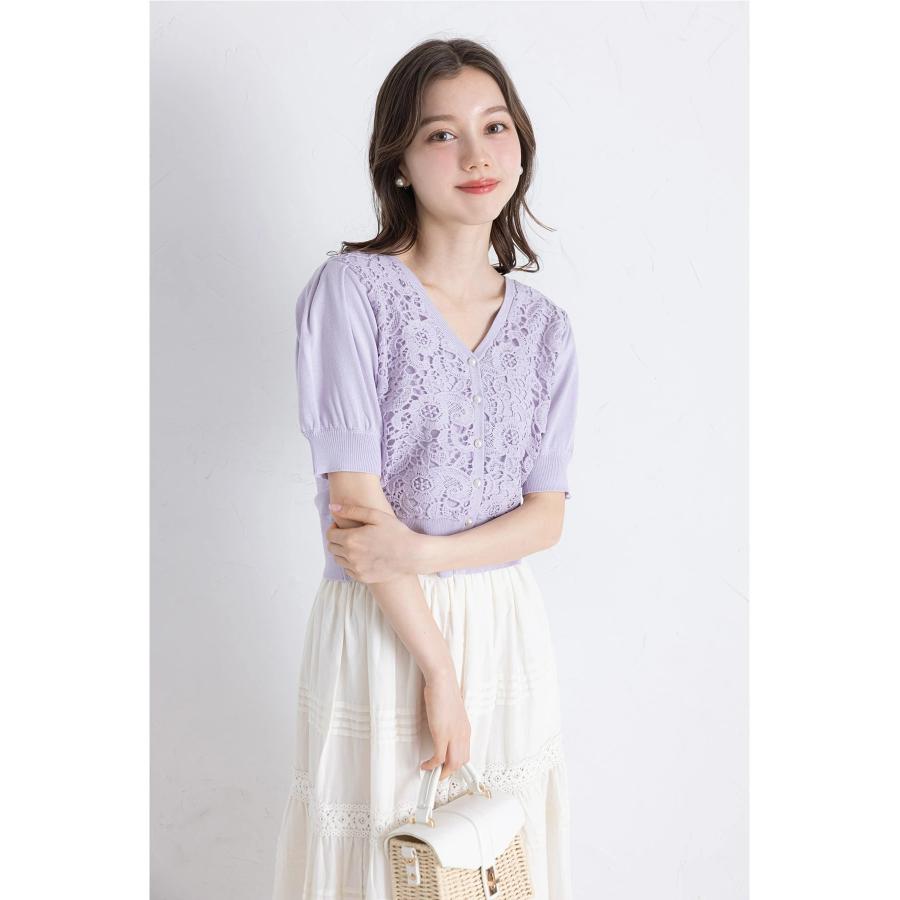 tocco closet パール釦フラワーレース切り替えニットカーディガン