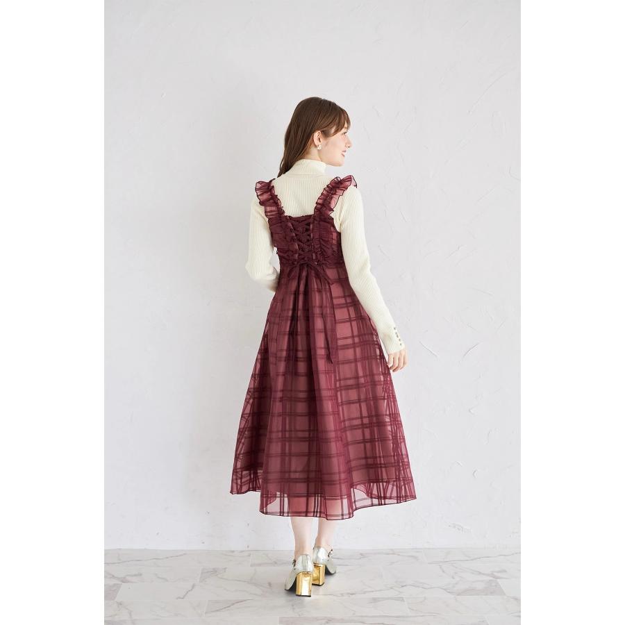 フリル付きバックレースアップシアーチェックワンピース　ボルドー tocco closet（トッコ クローゼット） フリル付きバックレースアップ