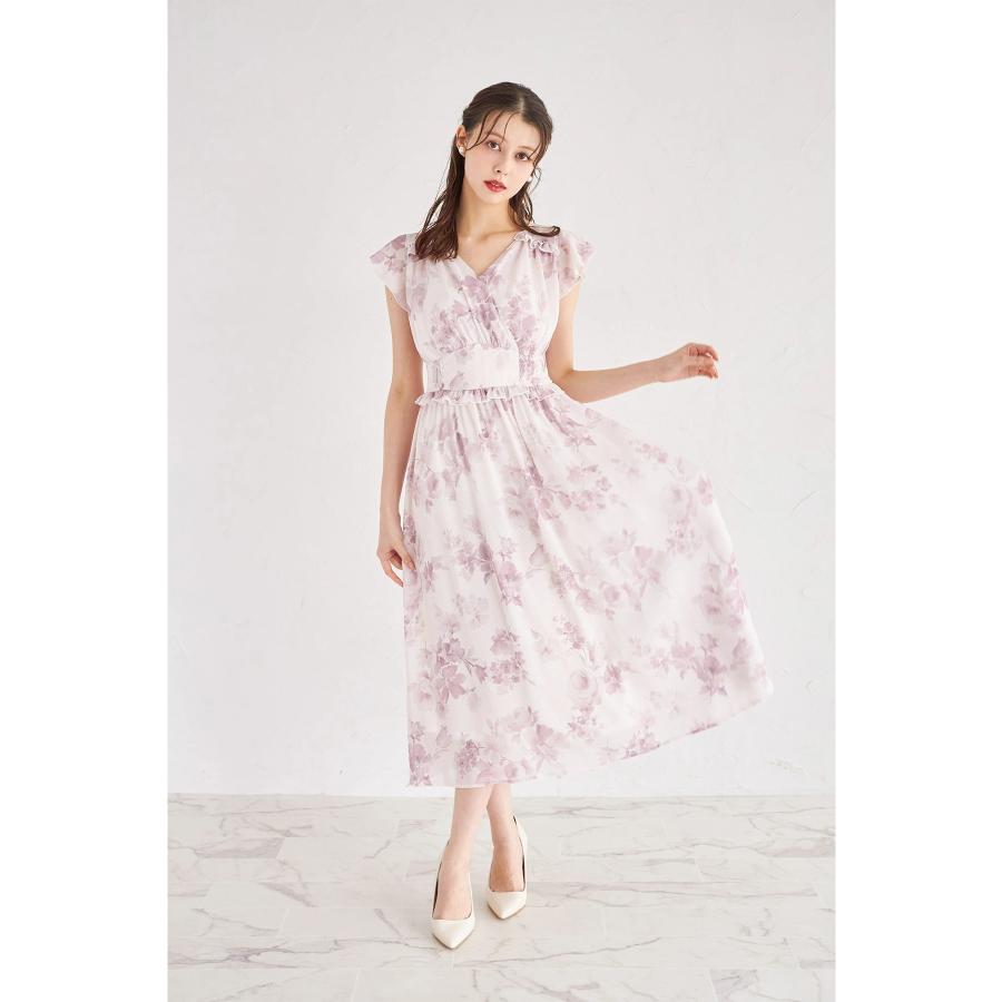 フリル付きウエストシャーリングフラワープリントカシュクールワンピース　ピンク tocco closet（トッコ クローゼット） フリル付きウエストシャーリング