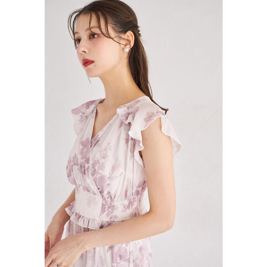 フリル付きウエストシャーリングフラワープリントカシュクールワンピース　ブルー フリル付きウエストシャーリングフラワープリントカシュクール