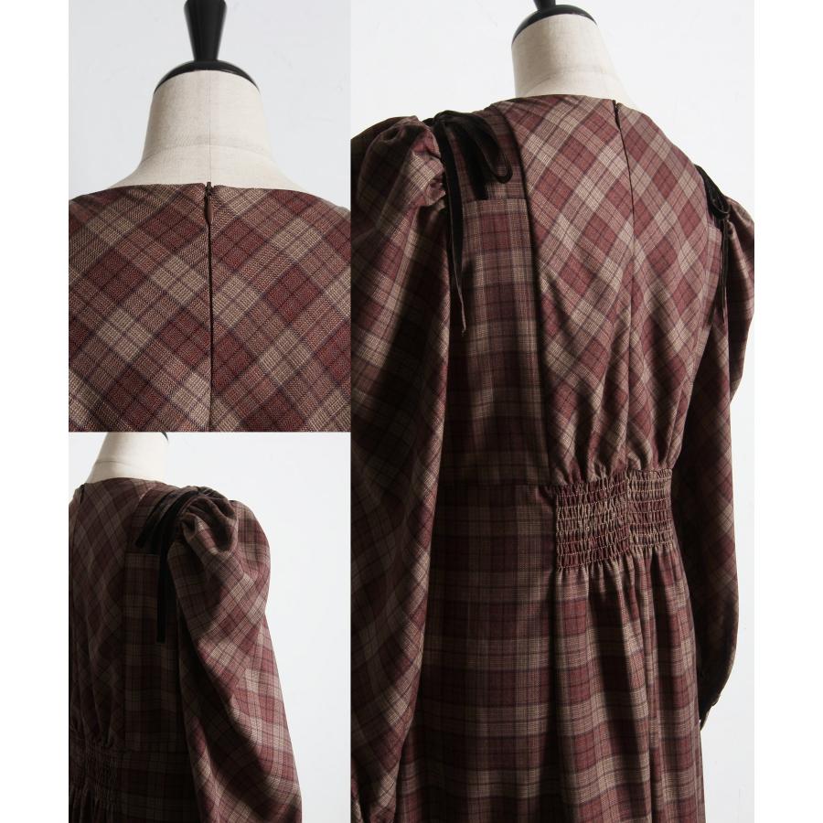 tocco closet 肩ベロアリボン付きチェックワンピース【runamy
