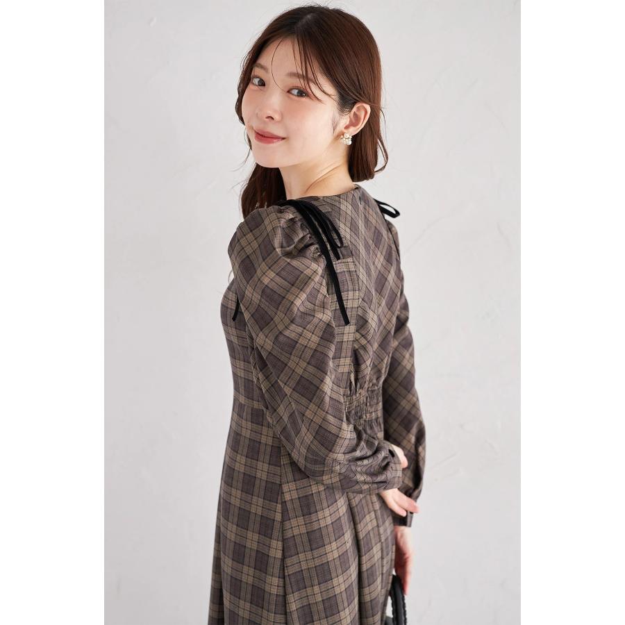 tocco closet 肩ベロアリボン付きチェックワンピース【runamy