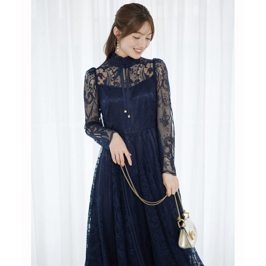 タグ付✨COTOO コトゥー 総レース 花柄 Aラインワンピース ネイビー 40 tocco closet（トッコ クローゼット） 高貴な雰囲気で華やぐリボン付き