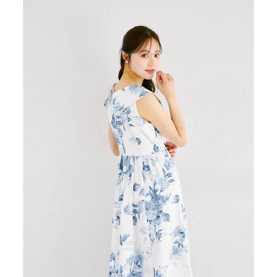 完売商品⭐︎アシンメトリービッグカラーフラワープリントワンピース　ネイビー アシンメトリービッグカラーフラワープリントワンピース
