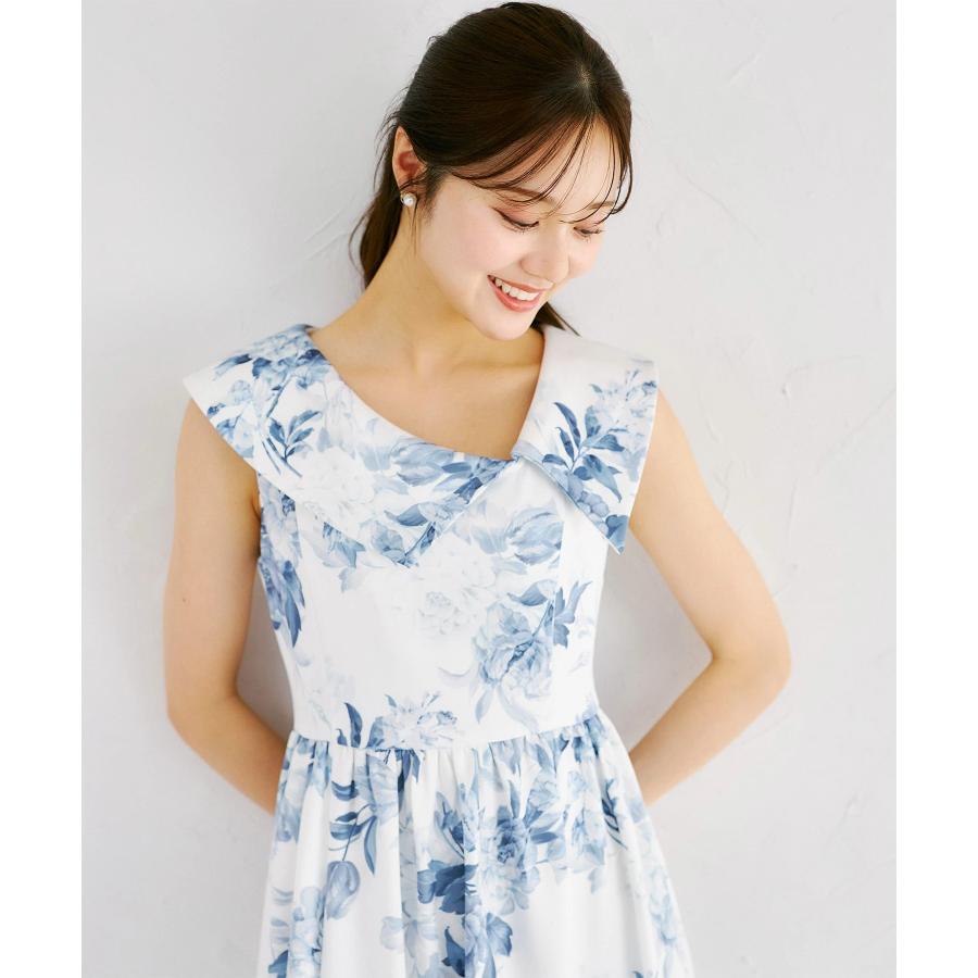 完売商品⭐︎アシンメトリービッグカラーフラワープリントワンピース　ネイビー tocco closet（トッコ クローゼット） アシンメトリービッグカラー