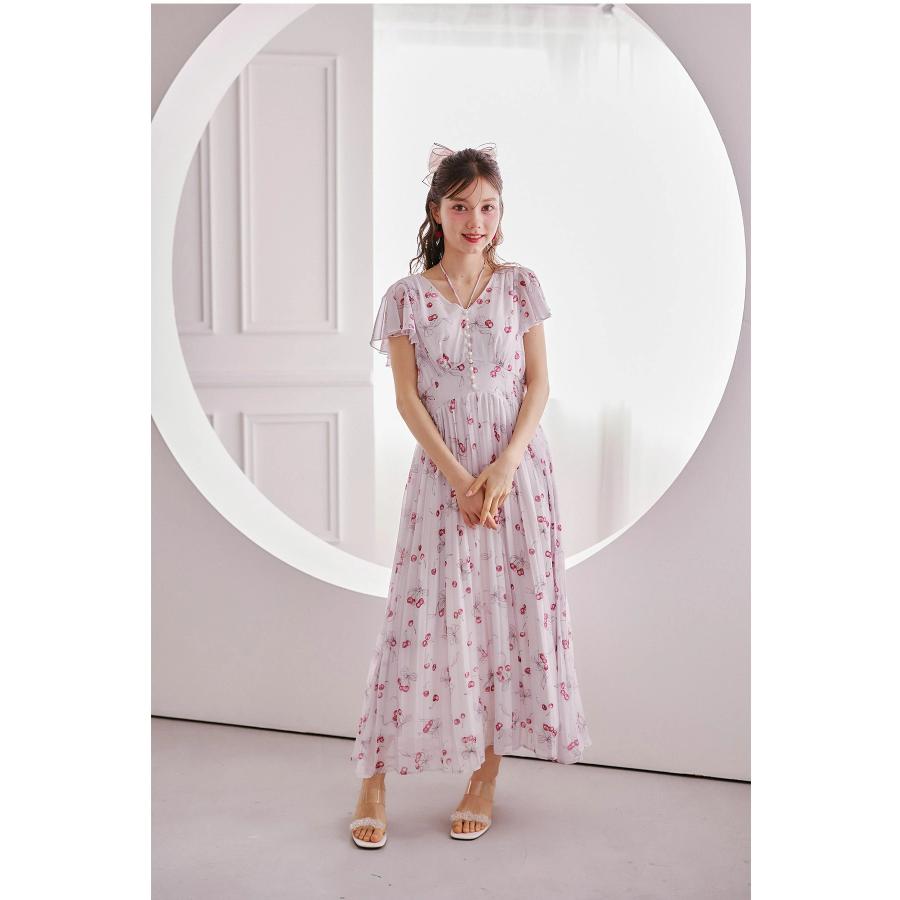 パール付きチェリー×リボンプリントネックリボンプリーツワンピース パール付きチェリー×リボンプリントネックリボンプリーツワンピース