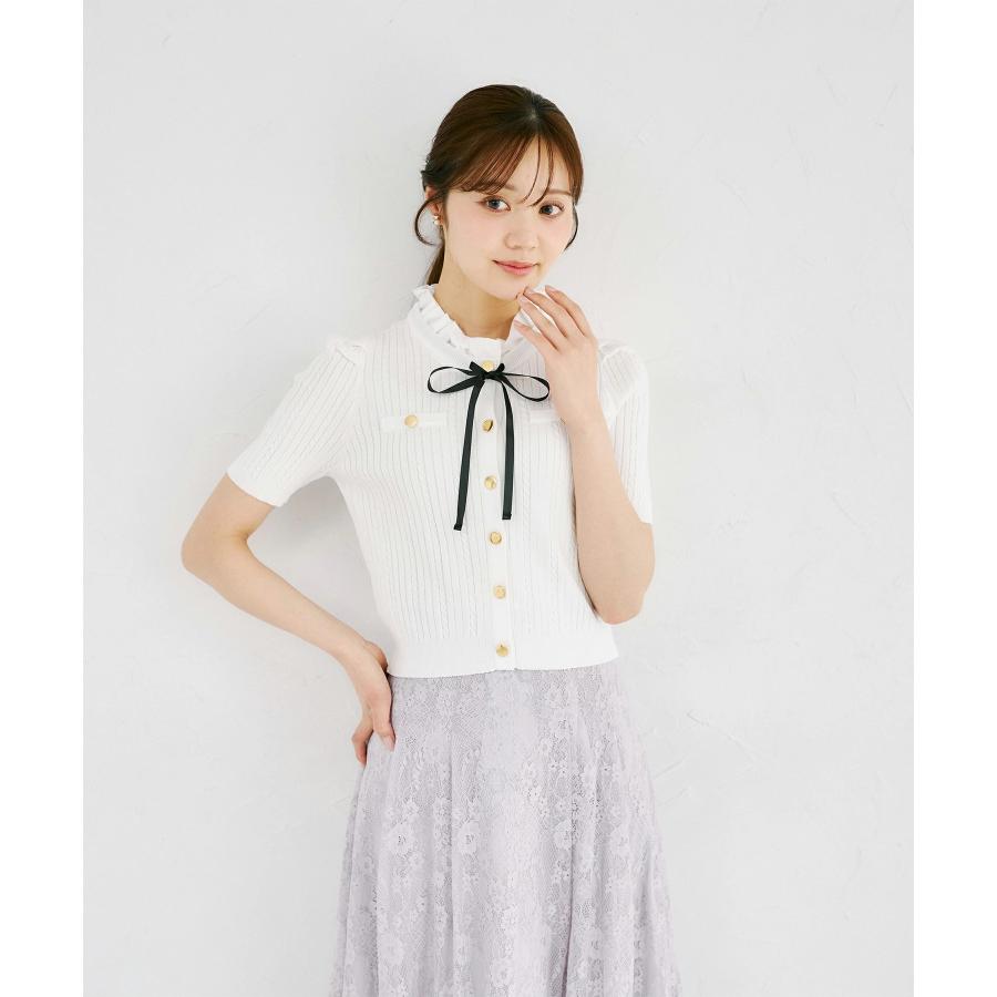 リボン&フリル付きミニケーブルリブニットカーディガン tocco closet(トッコクローゼット)