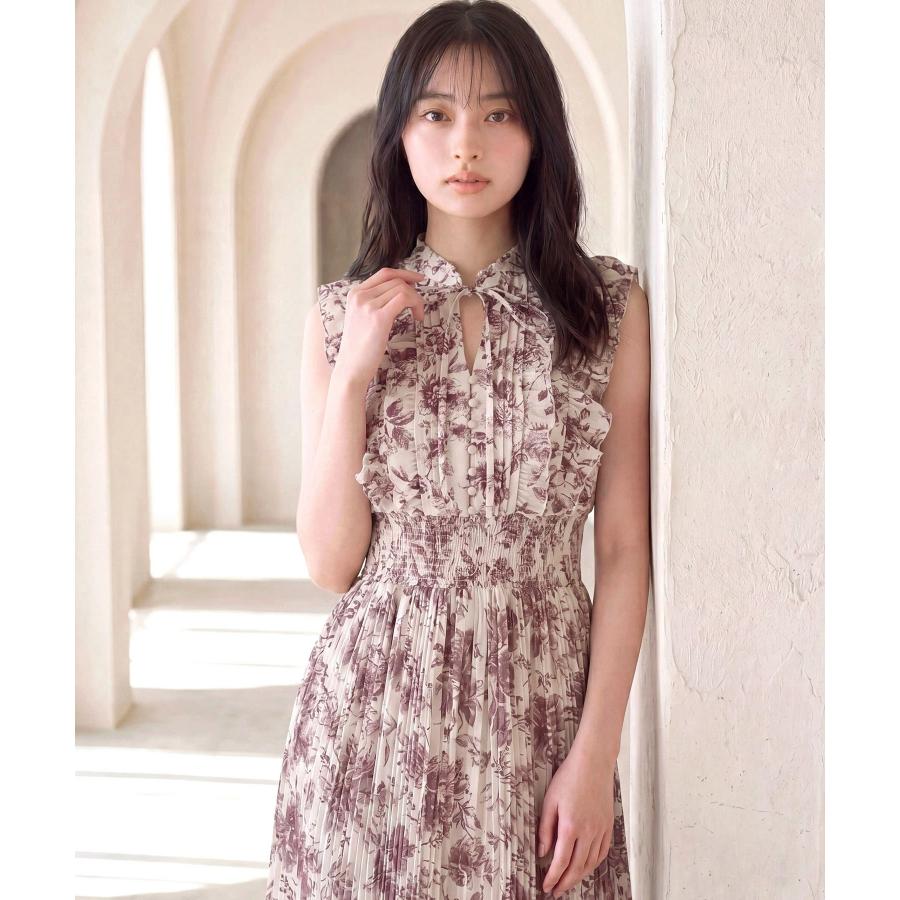 リボン付きウエストシャーリングフラワープリントプリーツワンピース　ブラック　M tocco closet（トッコ クローゼット） リボン付きウエストシャーリング