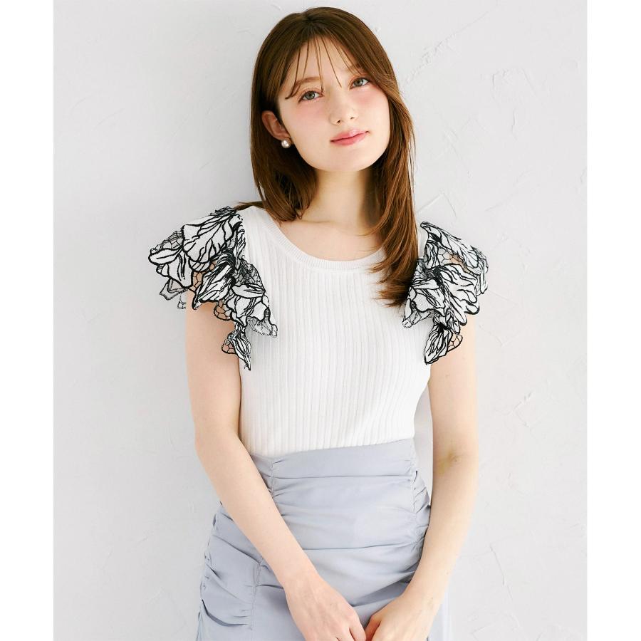 トップス tocco closet カットワーク刺繍襟×レース切り替えバイカラー