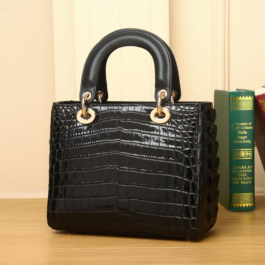 クロコダイル風 仕上げ 本革 レディース ハンドバッグ ブラック BL