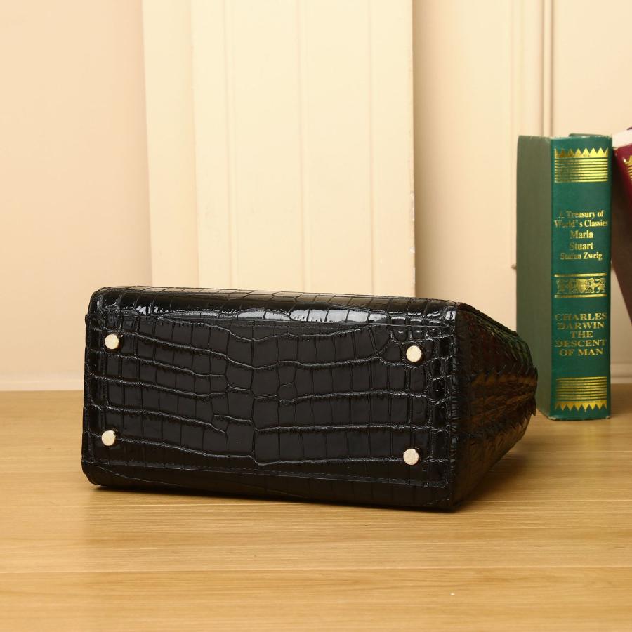 クロコダイル風 仕上げ 本革 レディース ハンドバッグ ブラック BL