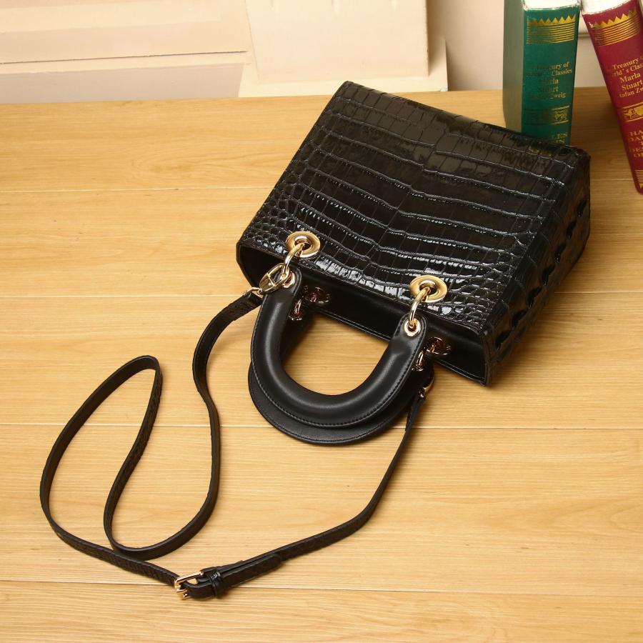 クロコダイル風 仕上げ 本革 レディース ハンドバッグ ブラック BL