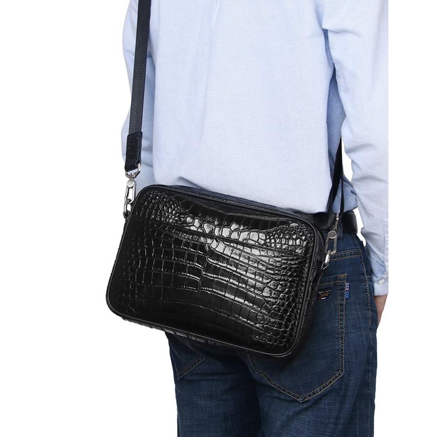 クロコダイル風 仕上げ 本革 メンズ ショルダーバッグ ブラック 6316-2