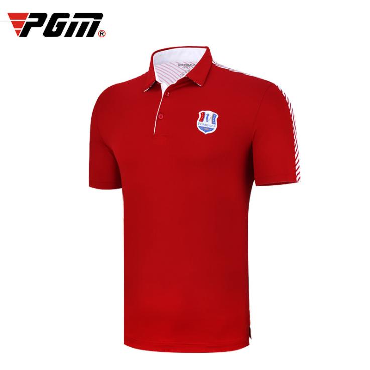 PGM 夏用 メンズウェア　ゴルフメンズウェア　スポーツウェア　半袖シャツ 　半袖ポロシャツ　ストライプ柄　レッド　吸汗　高弾力性　通気性　おしゃれ | 