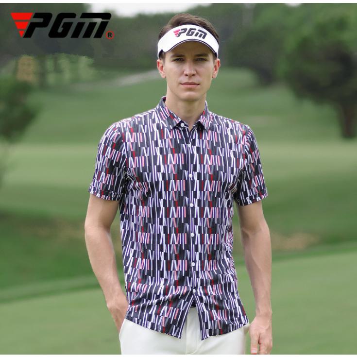 PGM 夏用 メンズウェア　ゴルフメンズウェア　メンズシャツ　半袖シャツ 　半袖ワイシャツ　柄シャツ　 カジュアル　幾何学柄　吸汗　おしゃれ | 