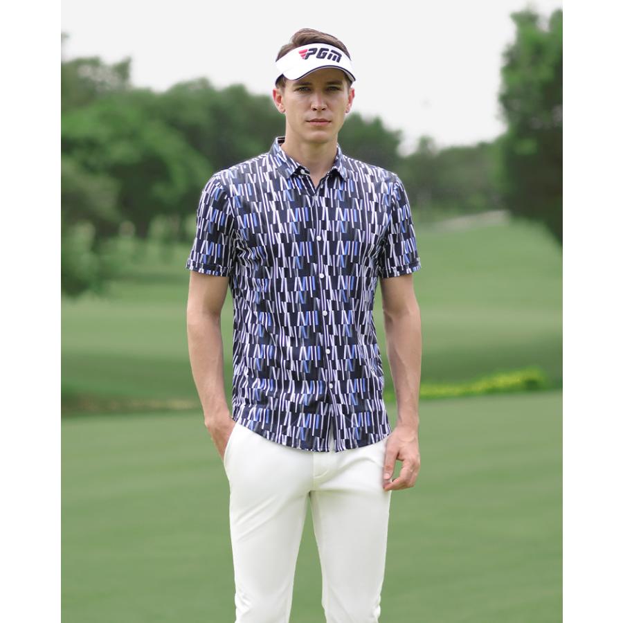 PGM 夏用 メンズウェア　ゴルフメンズウェア　メンズシャツ　半袖シャツ 　半袖ワイシャツ　柄シャツ　 カジュアル　幾何学柄　吸汗　おしゃれ |  | 03