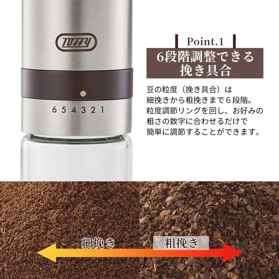 Toffy コーヒーミル 手挽き 臼式 手動 挽き目調節 細挽き 粗挽き 1杯分 