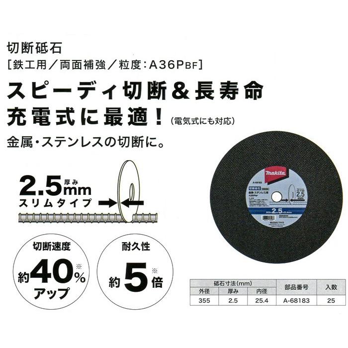 マキタ 切断砥石 スリムタイプ 355×2.5×25.4mm(25枚入) A-68183 マキタ 切断砥石 スリムタイプ 355×2.5×25.4mm(25枚入) A-68183