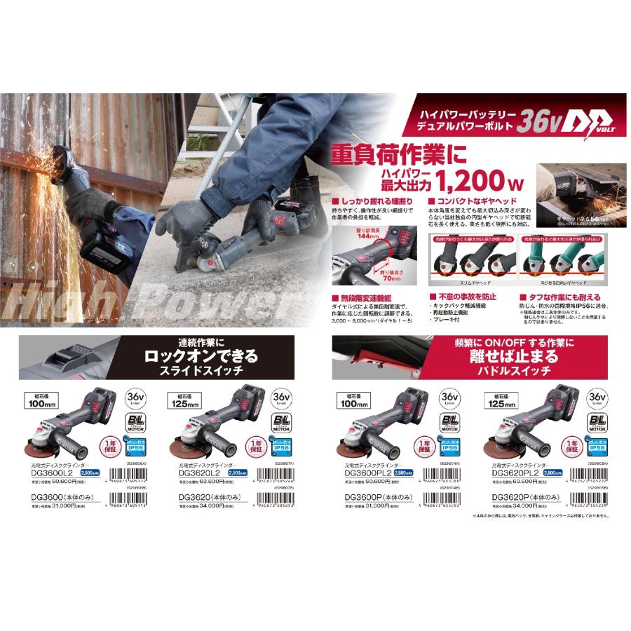 京セラ 100mm 36V(2.5Ah)充電式ディスクグラインダー DG3600PL2 京セラ 100mm 36V(2.5Ah)充電式ディスクグラインダー DG3600PL2