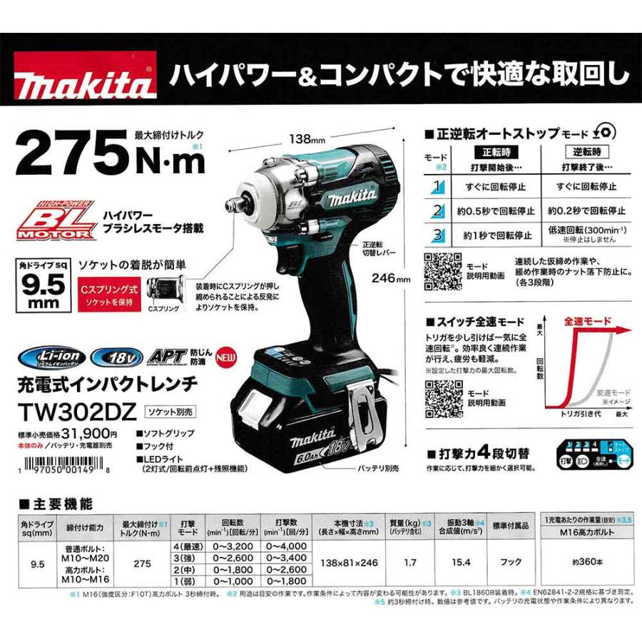 マキタ（makita） 18V充電式インパクトレンチ TW302DZ 本体のみ(角 