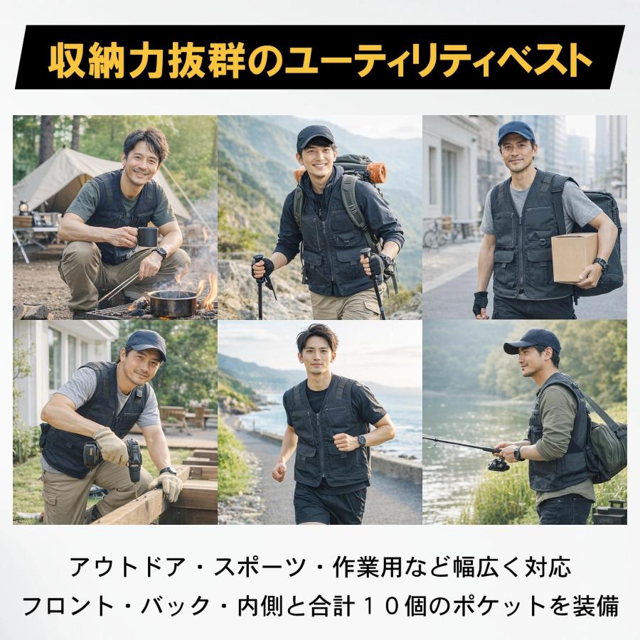 ユーティリティベスト 多機能ベスト 接触冷感 メンズ 10ポケット 軽量