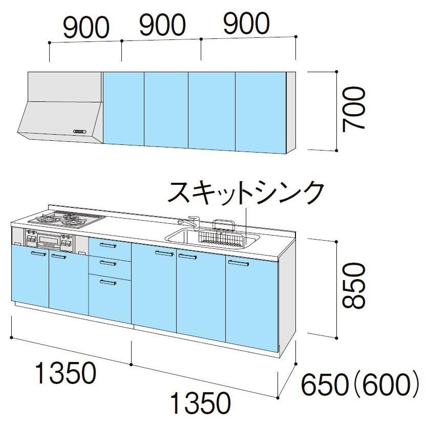 壁付I型 開き扉プラン グループ1 間口270cm奥行60cm高さ85cm 3口コンロ レンジフード ウォールユニット無 食器洗い乾燥機無 流し台｜toho-y｜16