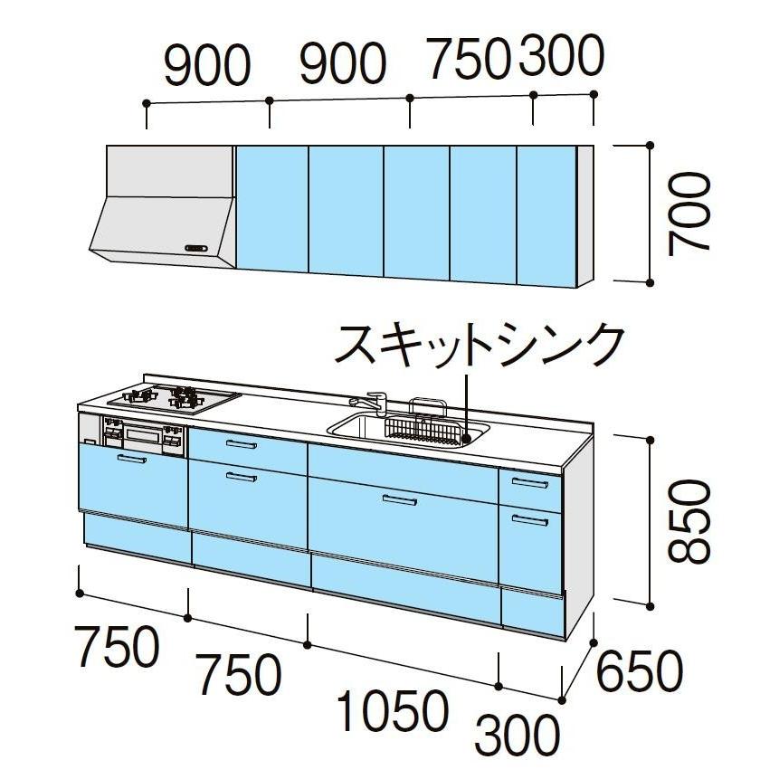 壁付I型 間口285cm奥行65cm高さ85cmスライドストッカープラン 3口コンロ レンジフード ウォールユニット無 食器洗い乾燥機無 ...