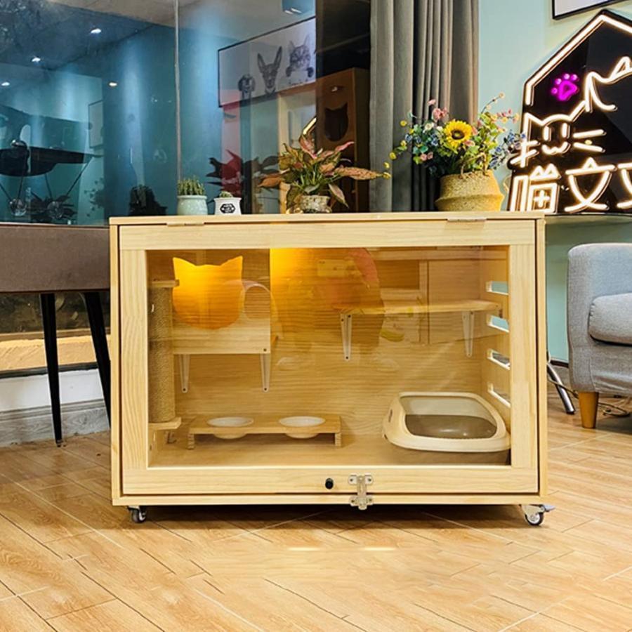 木製の猫の家飼い猫のケージ猫の陳列棚木製の猫の家松の木透明なアクリルガラスのドア (Color : Wood color Size : 90x60x60cm)｜toistore｜02
