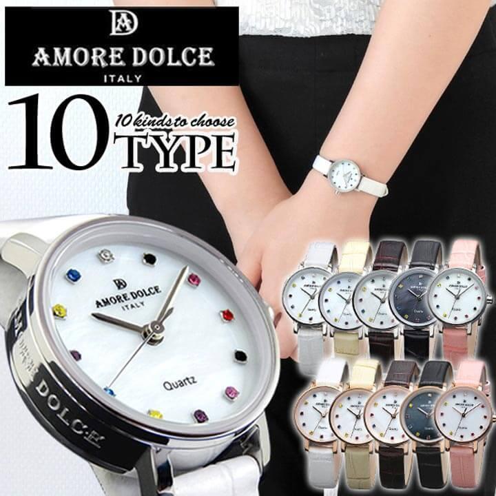 お取り寄せ AMORE DOLCE アモーレドルチェ AD18301 アナログ レディース 腕時計 国内正規品 黒 ブラック 白 ホワイト ピンク 白蝶貝 革ベルト レザー
