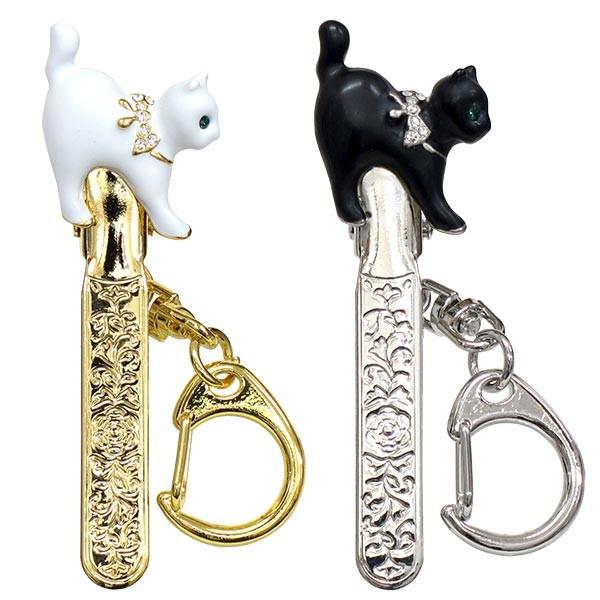 キークリップ バッグチャーム キラキラ 猫モチーフ 黒猫 白猫 2秒で