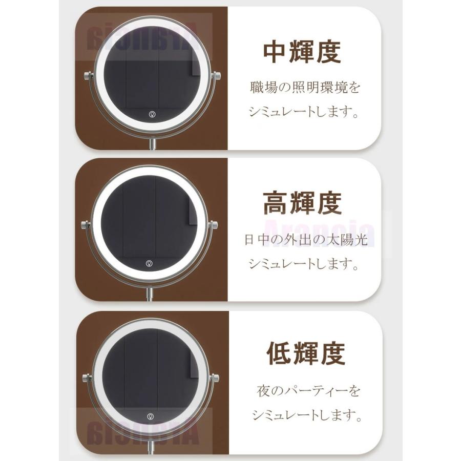 卓上ミラー 丸鏡 LED化粧鏡 3倍拡大鏡 おしゃれ 女優ミラー 高さ調節 両面鏡 正面ライト付き 裏面拡大鏡 メイク鏡 軽量 無段階調光 かわいい 丸形ミラー 1年保証の画像