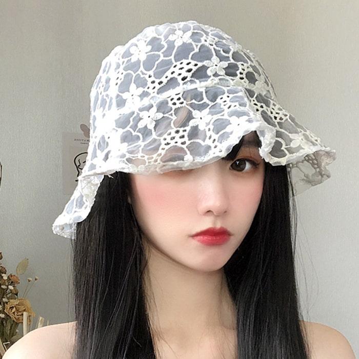 帽子 バケハ ハット 刺繍 レース ホワイト 韓国 白 - 通販 - guianegro