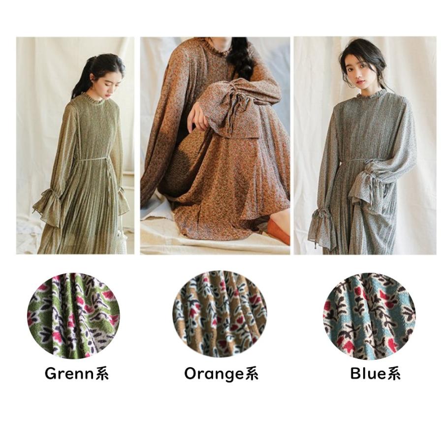シフォン ワンピース 長袖 薄手 アースカラー レトロ フラワー ワンピ