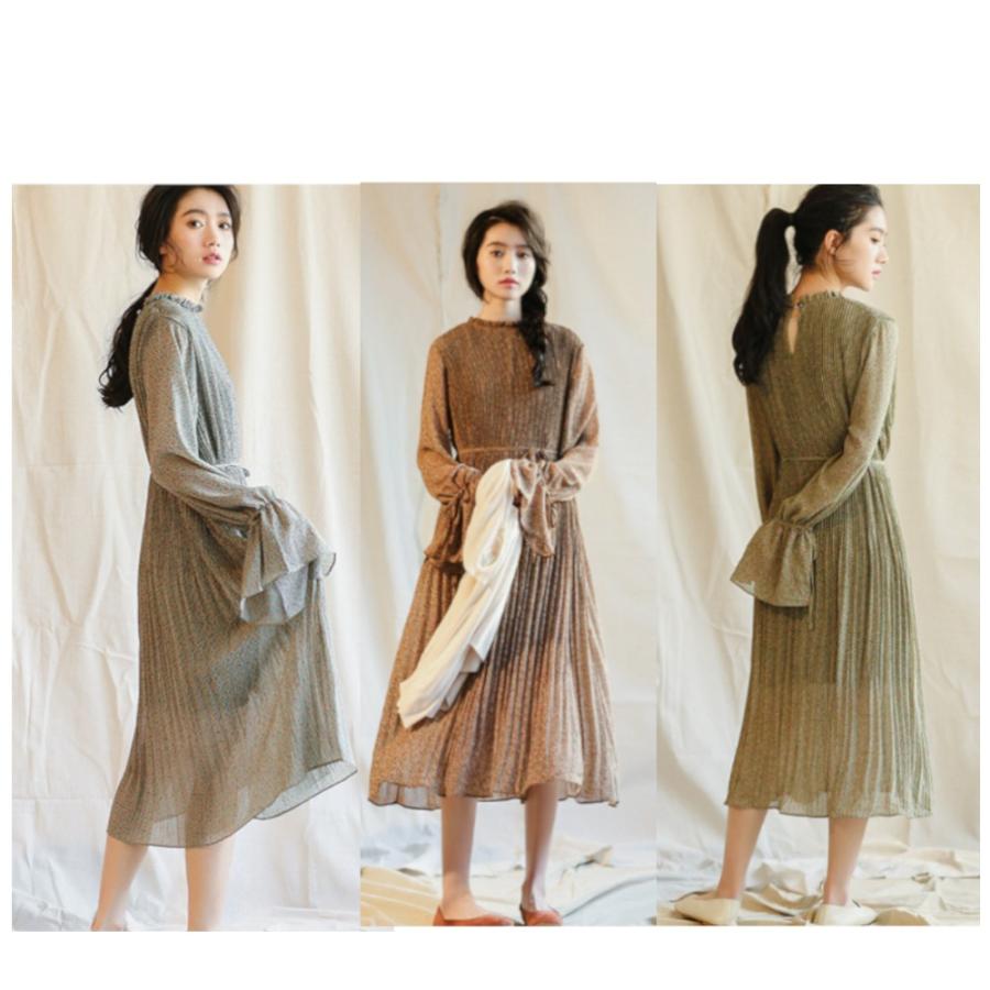 シフォン ワンピース 長袖 薄手 アースカラー レトロ フラワー ワンピ