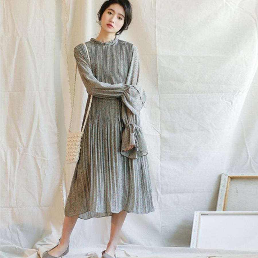 シフォン ワンピース 長袖 薄手 アースカラー レトロ フラワー ワンピ