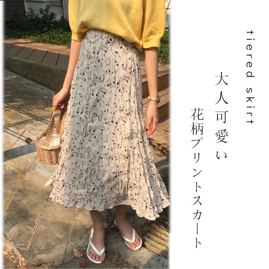 スカート ロング 花柄 シフォンスカート ティアード プリーツ 抽象柄