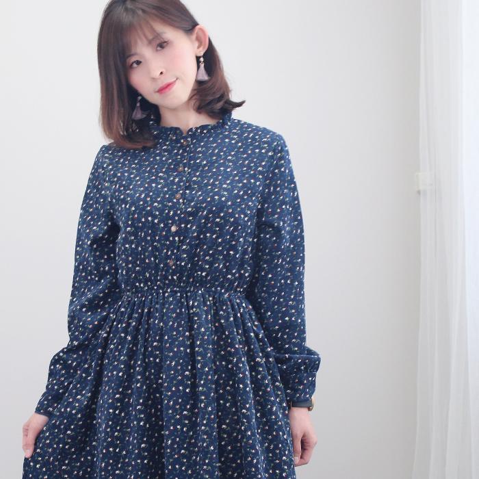 ワンピース 長袖 コーデュロイ 小花柄 レディース ミディアム丈 ロング