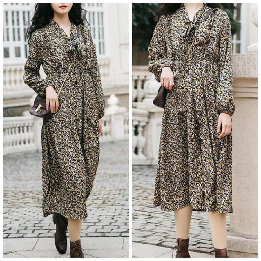 ワンピース レディース 夏 長袖 花柄 シフォン ロング 春 秋 きれいめ