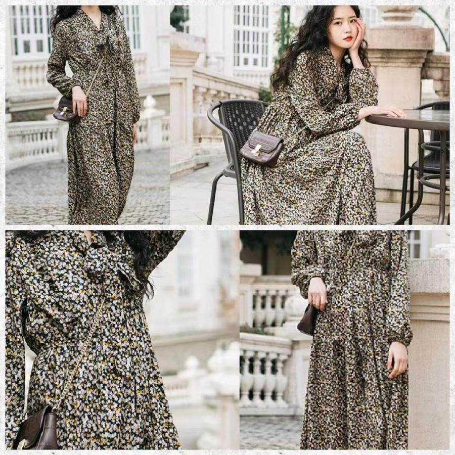 ワンピース レディース 夏 長袖 花柄 シフォン ロング 春 秋 きれいめ